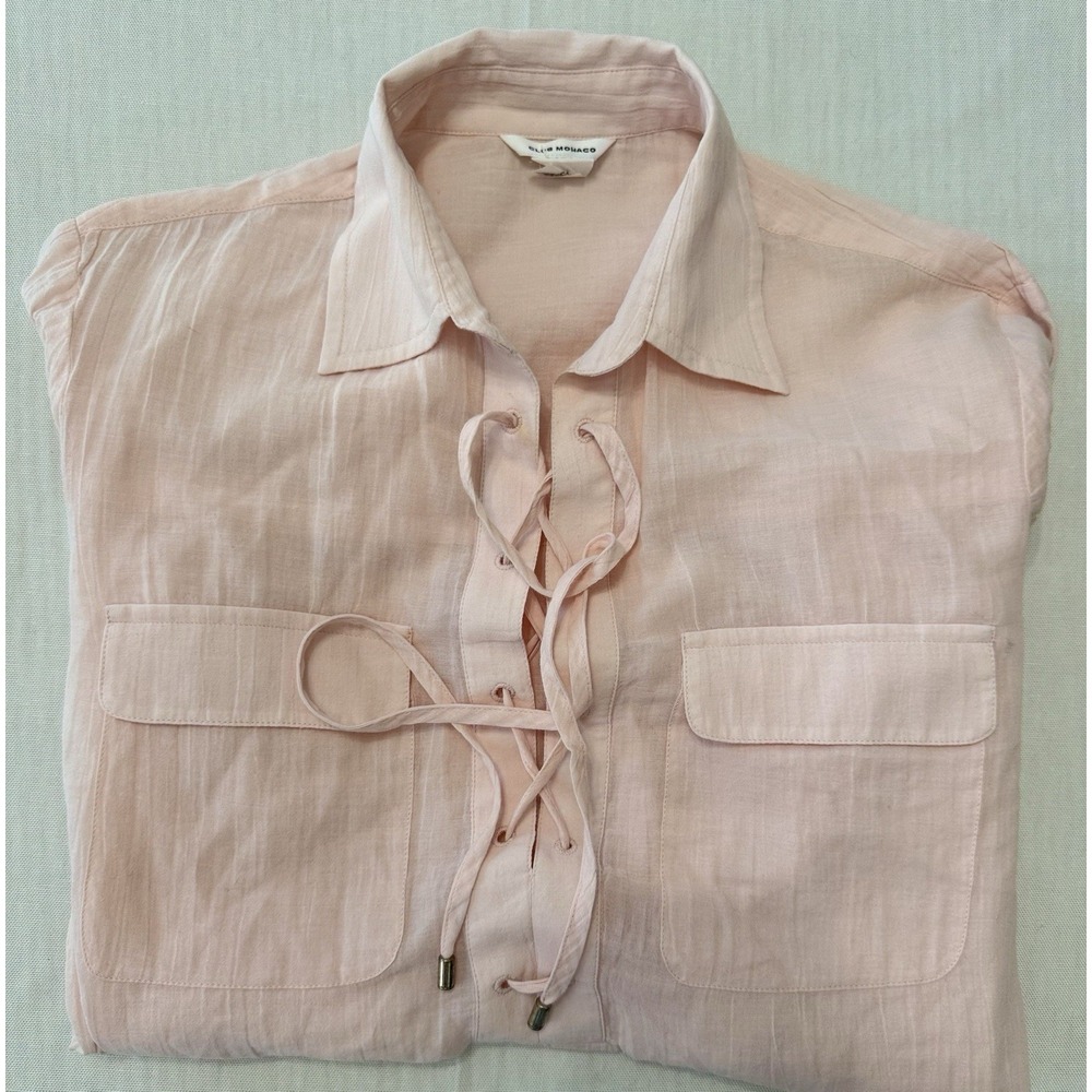 Club Monaco Size S Light Blush Pink Cotton Gauze Lace Up Boho Utility Blouse